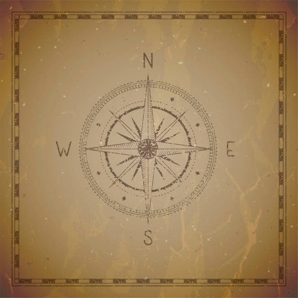 Vector illustration with a vintage compass or wind rose and frame on grunge background. Vector illustration with a vintage compass or wind rose and frame on grunge background. With basic directions North, East, South and West. sable stock illustrations