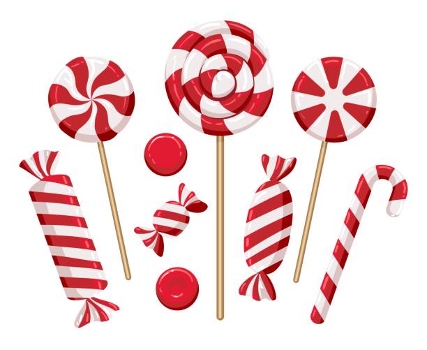 Christmas candy lollipops Christmas candy lollipops. Xmas holiday candies isolated on background, colorful lollipop set for kids vector illustration, candys confectionery sweets traditional dessert collection lollipop stock illustrations