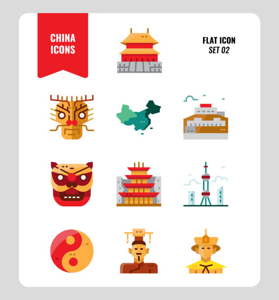 ilustraciones, imágenes clip art, dibujos animados e iconos de stock de conjunto de iconos de china 2. incluye personas, cultura, arquitectura, mapa y mucho más. - dunhuang