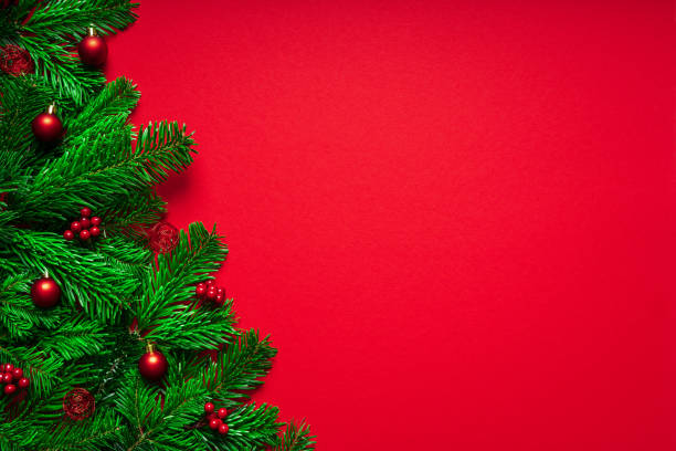 istock Red Merry Christmas Background with Fir branch an Baubles 1188320179