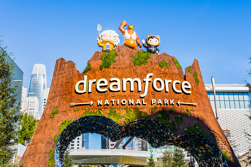 Nov 17, 2019 San Francisco / CA / USA - One of the buildings branded with the Dreamforce annual convention theme; Dreamforce is taking place at Moscone Convention Center; Dreamforce is an annual user conference hosted by Salesforce.com in downtown San Francisco