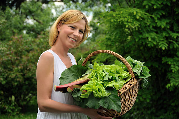 Young woman holding basket with vegetable stock photo
