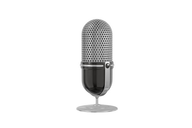 istock Concept minimalistic metallic black gray microphone cartoon style icolated white background. Icon website blog photographer, video, journalist, vloger. 3d rendering 1188324818