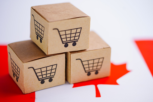 Box with shopping cart logo and Canada flag : Import Export Shopping online or eCommerce finance delivery service store product shipping, trade, supplier concept.