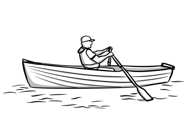 Row Your Boat solo man rowing his boat on the water river clipart stock illustrations