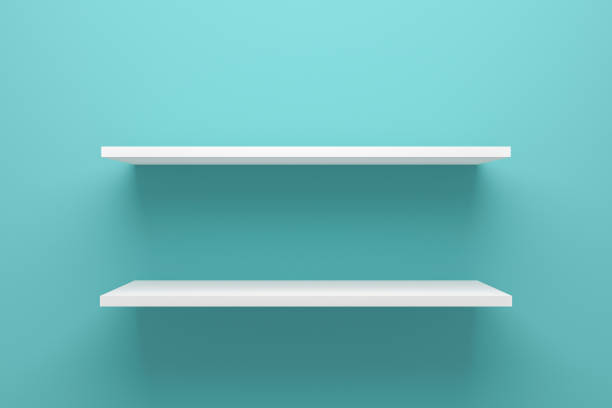 istock Front view of empty shelf on light green wall background with modern minimal concept. Display of room shelves for showing. Realistic 3D render. 1188327091