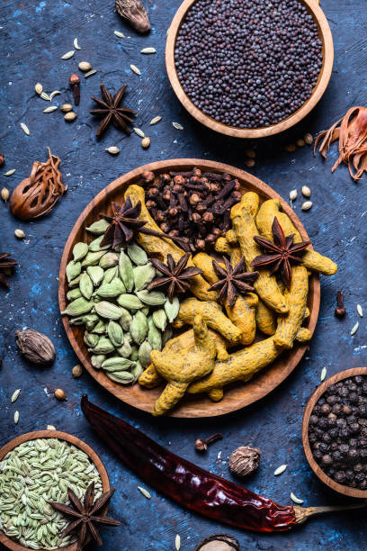 dry whole indian spices in wooden bowls on dark blue concrete rustic background. - straggling imagens e fotografias de stock