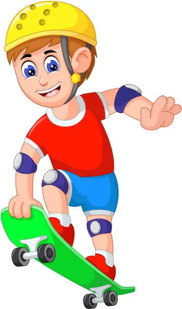 Vector illustration of Funny Skater Boy With Green Skateboard Cartoon