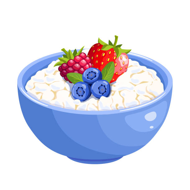 Blue plate with cottage cheese and berries Blue plate with cottage cheese and berries. Dairy product for breakfast. Isolated on a white background. Colorful vector illustration cartoon style for posters, icons, print and web projects. cottage cheese stock illustrations