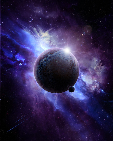 beautiful bright illustration - planet in space in purple tones, 3D image, abstract illustration