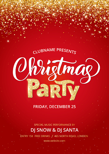 Christmas party poster template. Holiday flyer design, club invitation. Gold sparkling glitter decoration, frame on red background. Christmas party lettering. Free font Open Sans for text. Vector