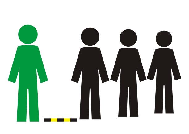People standing in a row, cordon tape, eps. Discrete zone, people standing in a row, to stand in a queue, to enter individually, vector icon four people office stock illustrations