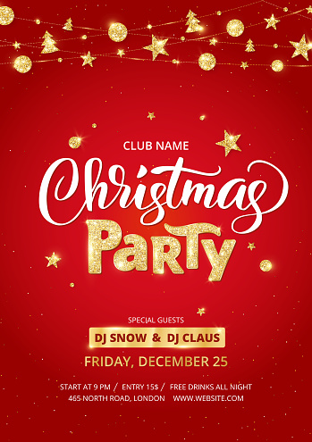 Christmas party poster template. Holiday flyer design, club invitation. Gold sparkling glitter decoration, frame on black background. Christmas party lettering. Free font Open Sans for text. Vector