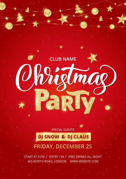 Christmas party poster template. Golden ornaments decoration. Christmas party poster template. Holiday flyer design, club invitation. Gold sparkling glitter decoration, frame on black background. Christmas party lettering. Free font Open Sans for text. Vector club dj stock illustrations