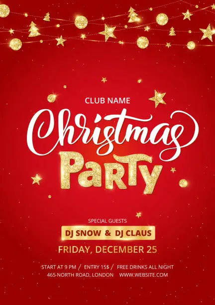 Vector illustration of Christmas party poster template. Golden ornaments decoration.