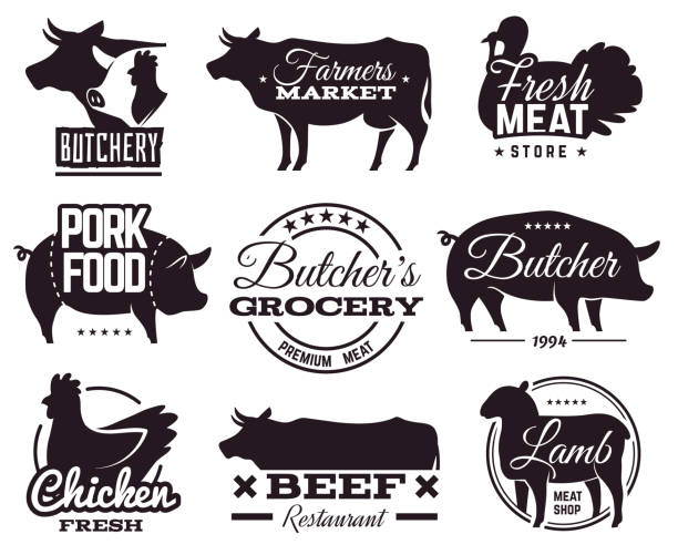 정육점 엠블럼. 동물 실루엣이 있는 도살장 라벨. 쇠고기와 돼지고기, 닭고기와 양고기, 유기농 농장 고기 스테이크 하우스 벡터 세트 - cutlet meat steak veal stock illustrations