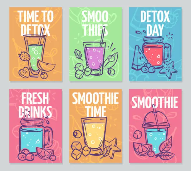 Vector illustration of Smoothie flyers. Colorful smoothies poster, fresh cocktails, detox drinks healthy life vegan organic food banners vector design