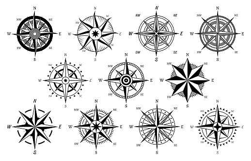 Vintage compass. Windrose antique compasses nautical cruise sailing symbols, sea travel marine navigation map element isolated vector cartography discovery icons set