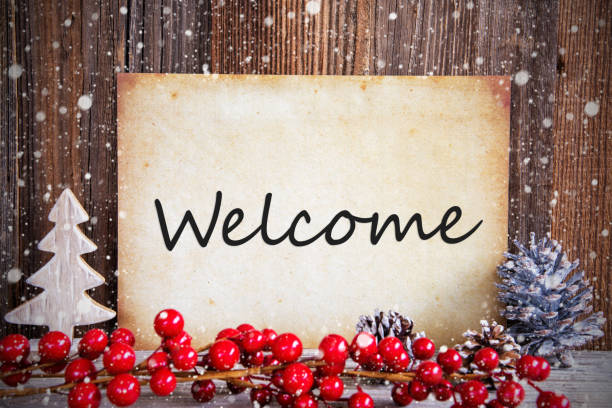istock Red Christmas Decoration, Old Paper With Welcome, Snow 1188347878