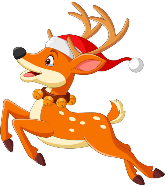 산타 모자 점프에 만화 사슴 - stag deer doe cartoon stock illustrations