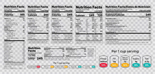 ilustraciones, imágenes clip art, dibujos animados e iconos de stock de datos nutricionales etiqueta. ilustración vectorial. conjunto de tablas de información de alimentos. - aparato de información