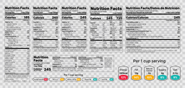 Nutrition facts Label. Vector illustration. Set of tables food information. Nutrition facts Label. Vector. Food information with daily value. Data table ingredients calorie, fat, sugar. Package template. Flat illustration isolated on transparent background. Layout design food and drink stock illustrations