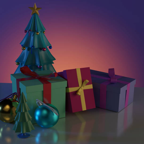 istock Christmas tree and gift boxes with shiny ball and reflection on floor. 1188349884