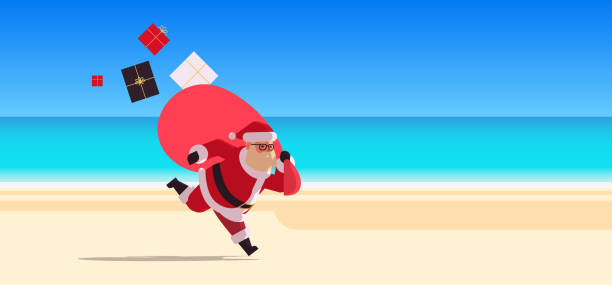 ilustrações, clipart, desenhos animados e ícones de papai noel que funciona com saco grande completamente dos presentes feliz feriado de férias de natal do ano novo conceito do fundo tropical do seascape da praia do fundo horizontal liso do comprimento - christmas celebration beautiful surprise