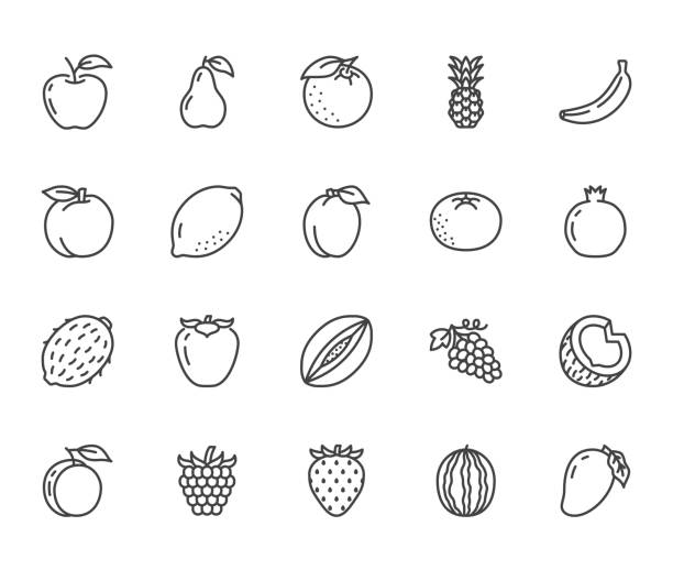 ilustraciones, imágenes clip art, dibujos animados e iconos de stock de frutas, iconos de línea plana de bayas establecidos. ilustraciones de naranja, fresa, piña, mango, limón, kiwi, manzana, vector de uva. esboza los letreros para la tienda de alimentos orgánicos. píxel perfecto 64x64. trazos editables - apple
