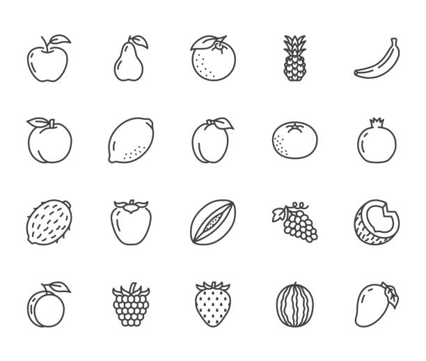 stockillustraties, clipart, cartoons en iconen met vruchten, berry platte lijn icons set. sinaasappel, aardbei, ananas, mango, citroen, kiwi, appel, druif vector illustraties. omtrek borden voor biologische voedsel winkel. pixel perfect 64x64. bewerkbare lijnen - apple fruit