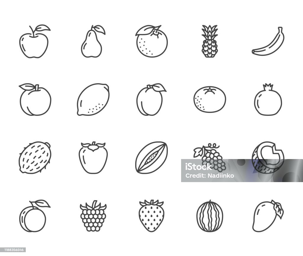 Fruits, berry flat line icons set. Orange, strawberry, pineapple, mango, lemon, kiwi, apple, grape vector illustrations. Outline signs for organic food store. Pixel perfect 64x64. Editable Strokes Fruits, berry flat line icons set. Orange, strawberry, pineapple, mango, lemon, kiwi, apple, grape vector illustrations. Outline signs for organic food store. Pixel perfect 64x64. Editable Strokes. Icon stock vector