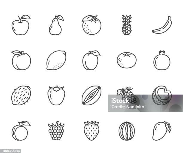 Fruits Berry Flat Line Icons Set Orange Strawberry Pineapple Mango Lemon Kiwi Apple Grape Vector Illustrations Outline Signs For Organic Food Store Pixel Perfect 64x64 Editable Strokes Stock Illustration - Download Image Now