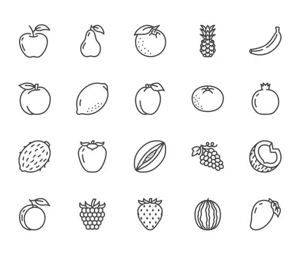 Vector illustration of Fruits, berry flat line icons set. Orange, strawberry, pineapple, mango, lemon, kiwi, apple, grape vector illustrations. Outline signs for organic food store. Pixel perfect 64x64. Editable Strokes