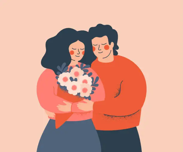 Vector illustration of Young couple embrace each other with love and care.Concept of the Valentine day and family day