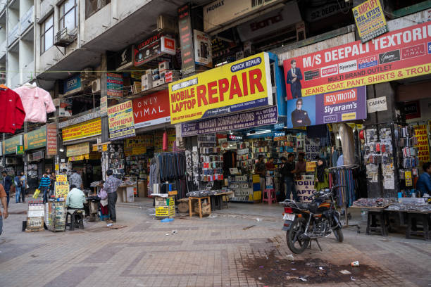 Nehru Place market in South Delhi India, known for its technology and moble phone and laptop computer repair shops stock photo