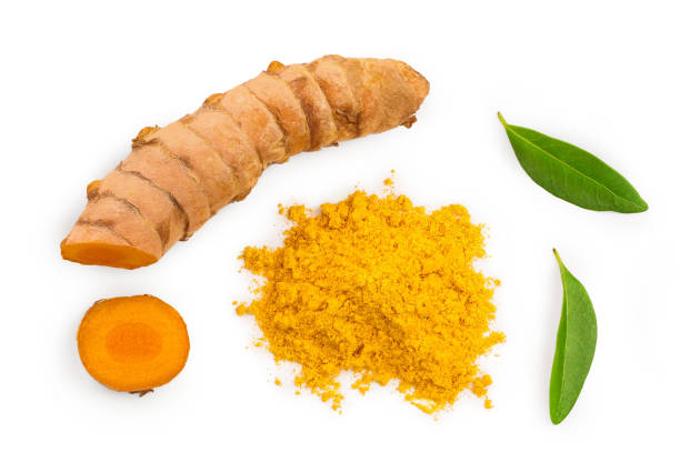 istock Turmeric powder and turmeric root isolated on white background with copy space for your text. Top view. Flat lay 1188360743