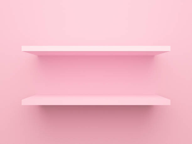istock Pink shop shelf hanging on wall for mockup. Valentines theme design concept. Empty two bookshelf on pastel background or texture in bookstore. 3d rendering. Art object idea. 1188365692