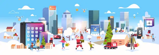 Vector illustration of people with shopping bags walking outdoor using online mobile app mix race characters preparing for christmas new year holidays winter cityscape background horizontal banner