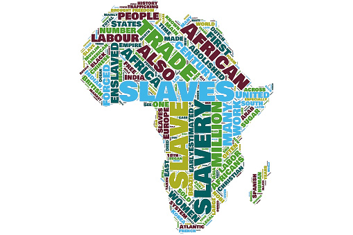 Slavery Africa map word cloud on the isolated background