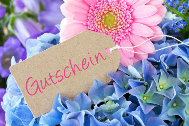 German voucher with gerbera as background stock photo
