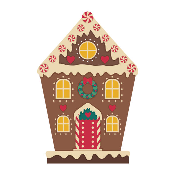 Christmas Gingerbread House Decorated with Icing Icon Christmas gingerbread house with sugar icing, sweet frosting, windows, doors and porch. Traditional Xmas fairy-tale cookie in building shape. Decorated crisp ginger biscuit icon for winter holidays. gingerbread house cartoon stock illustrations