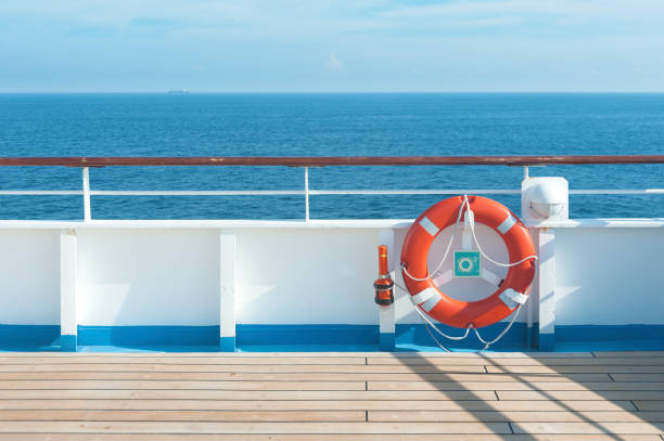 Buoy and Deck Ship deck, buoy and blue ocean. Travel background boat deck stock pictures, royalty-free photos & images