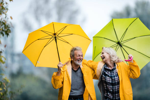 happy mature couple in yellow raincoats having fun with umbrellas in nature. - umbrella senior adult couple autumn imagens e fotografias de stock