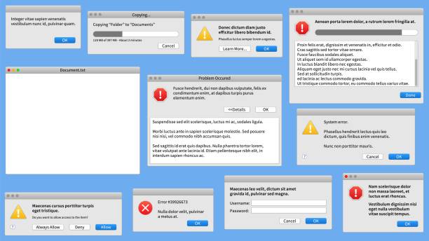 Modern pc window. User interface design, app web browser. System dialog boxes with error messages vector set Modern pc window. User interface design, app web browser. System dialog boxes with error messages vector information warning messaging notification set error message stock illustrations