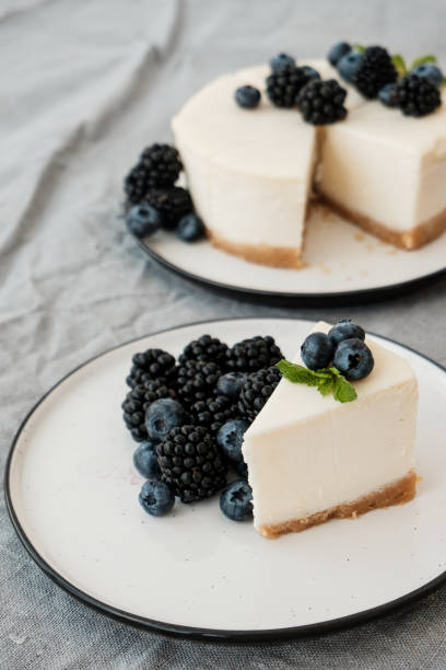 istock cheesecake New York with fresh berries and a slice on a plate 1188370772