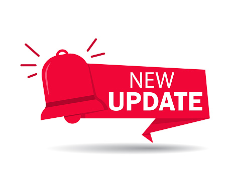 New update label. Red banner of update information for bussines, website, poster of social media. Ribbon improved software on isolated background. Badge of available new upgrade. vector illustration