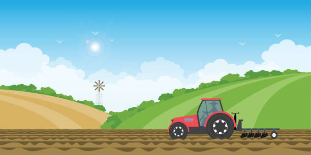 농촌 농장 풍경 언덕 배경에 농장 토지에서 트랙터를 운전 하는 농부. - agriculture farm people plow stock illustrations