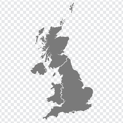 Blank map of United Kingdom. High quality map of  Great Britain with provinces on transparent background for your web site design, logo, app, UI. UK. EPS10.