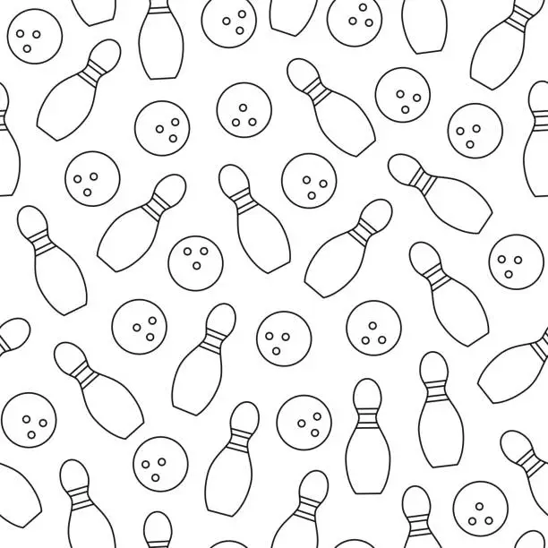 Vector illustration of Bowling seamless black pattern. Outline simple vector background.