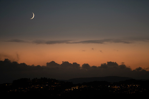 Landscape of moonrise over mesa, Montrose, Colorado, USA